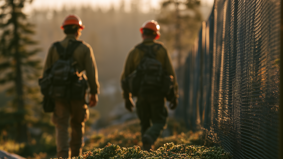Two crew members walking beside an installed INCA WFS net® barrier in a forest