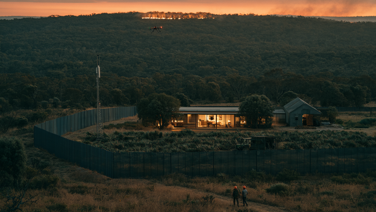 Protected property at dusk with a perimeter net, mast and drone, wildfire on the ridge behind