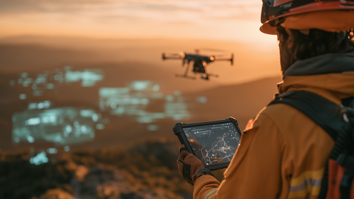 Field operator reading live wildfire data on a tablet while a drone surveys the terrain