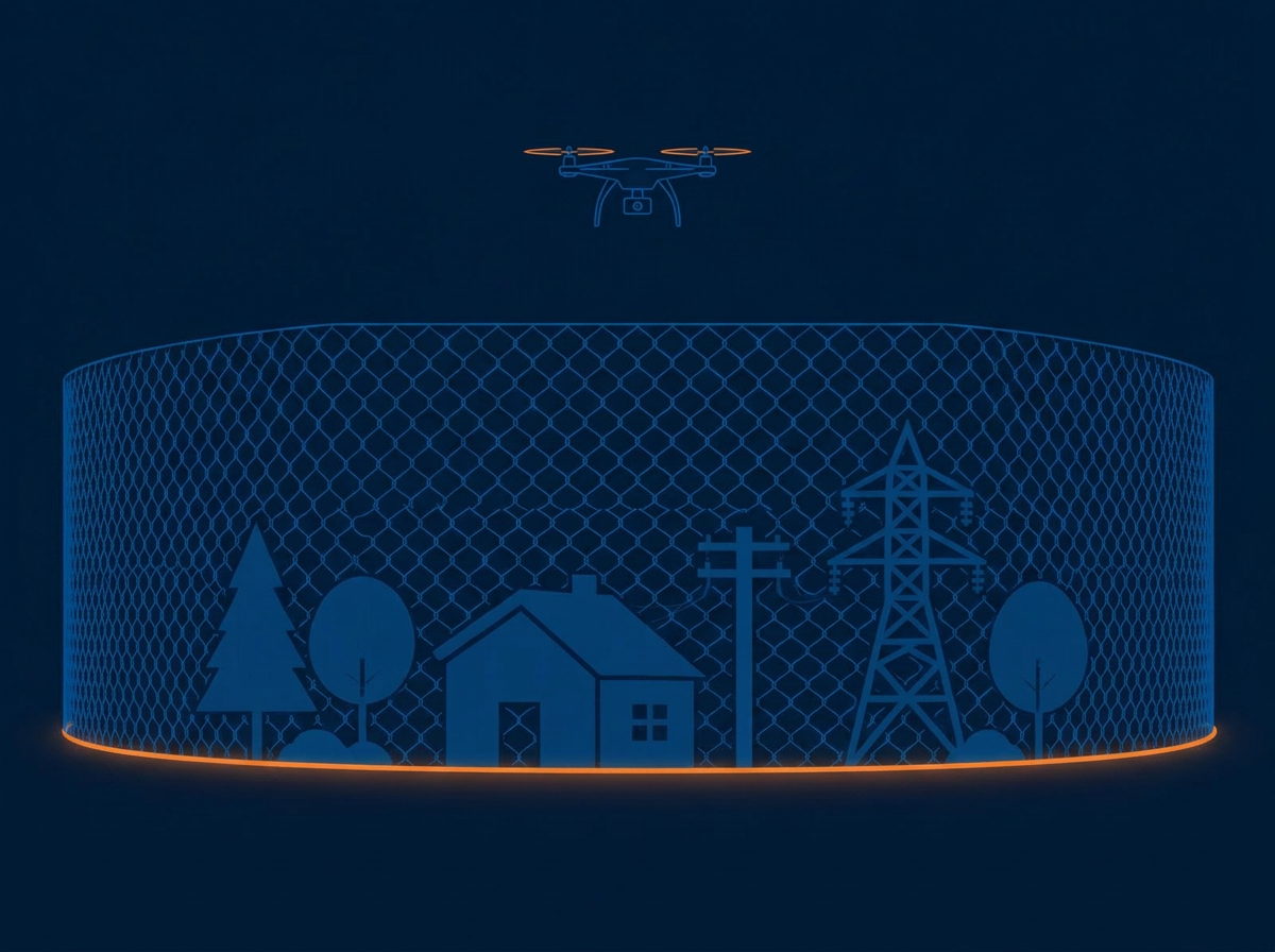 Illustration of a protective net wrapped around a house, trees and infrastructure, with a drone hovering above