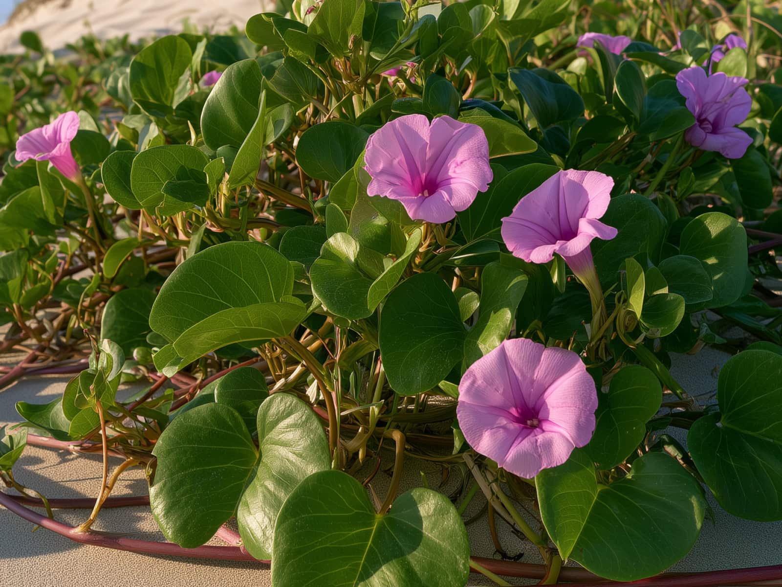 Ipomoea pes-caprae, beach morning glory, with pink flowers on sand