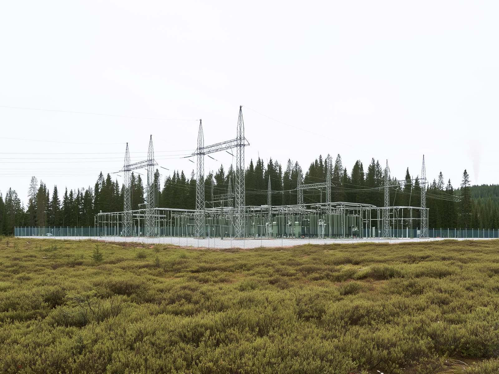 Electrical substation with pylons at the edge of a forest