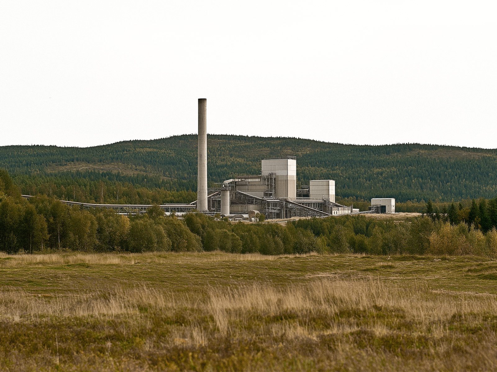 Industrial plant with chimney in front of forested hills