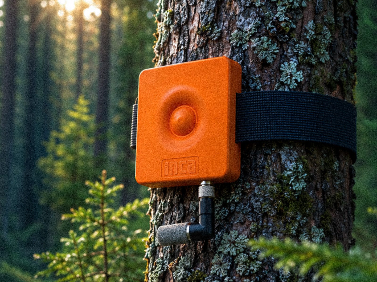 Sensor mounted on a tree trunk in a dry forest
