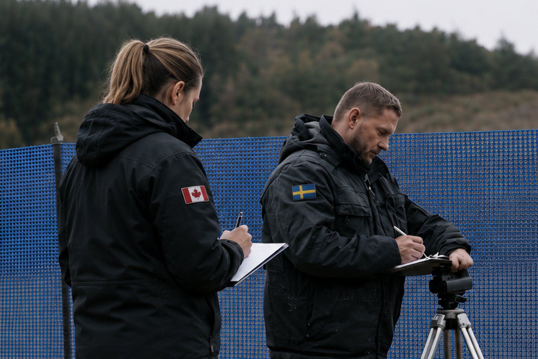 Two specialists, one with a Canadian flag patch and one with a Swedish flag patch, taking notes at an outdoor fire-safety test site with a blue INCA WFS net in the background