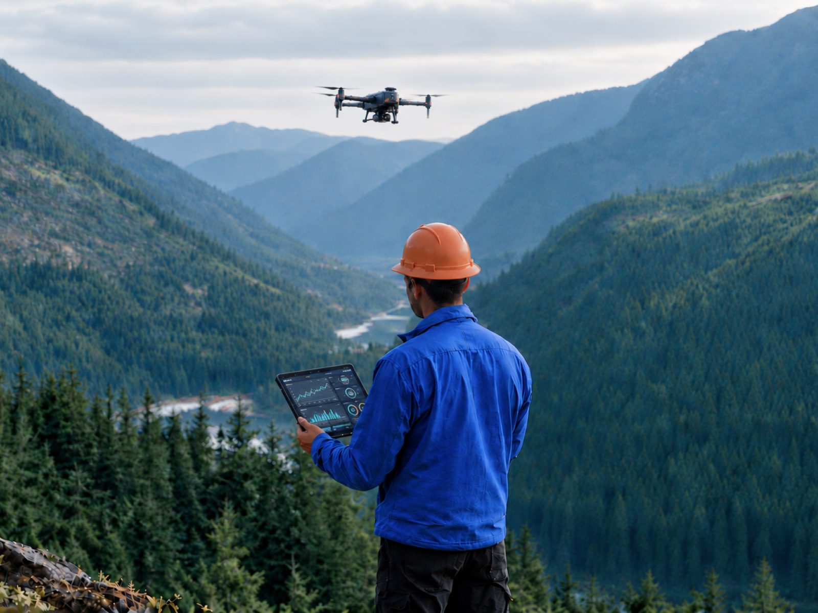 Operator in a hard hat reading monitoring data on a tablet on a forested ridge, with a drone flying above the valley