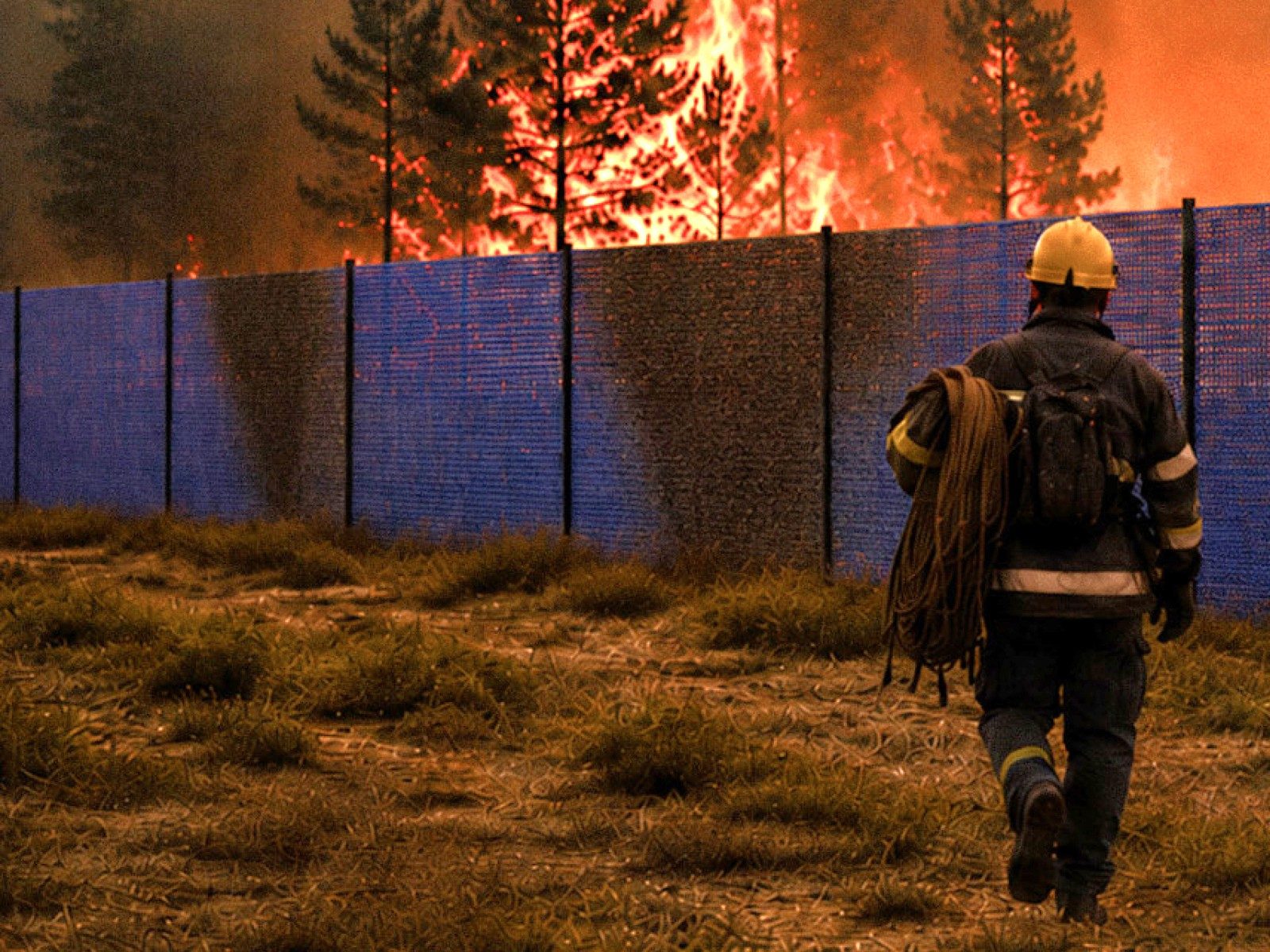 Firefighter walking toward an INCA WFS net barrier with a wildfire burning beyond it