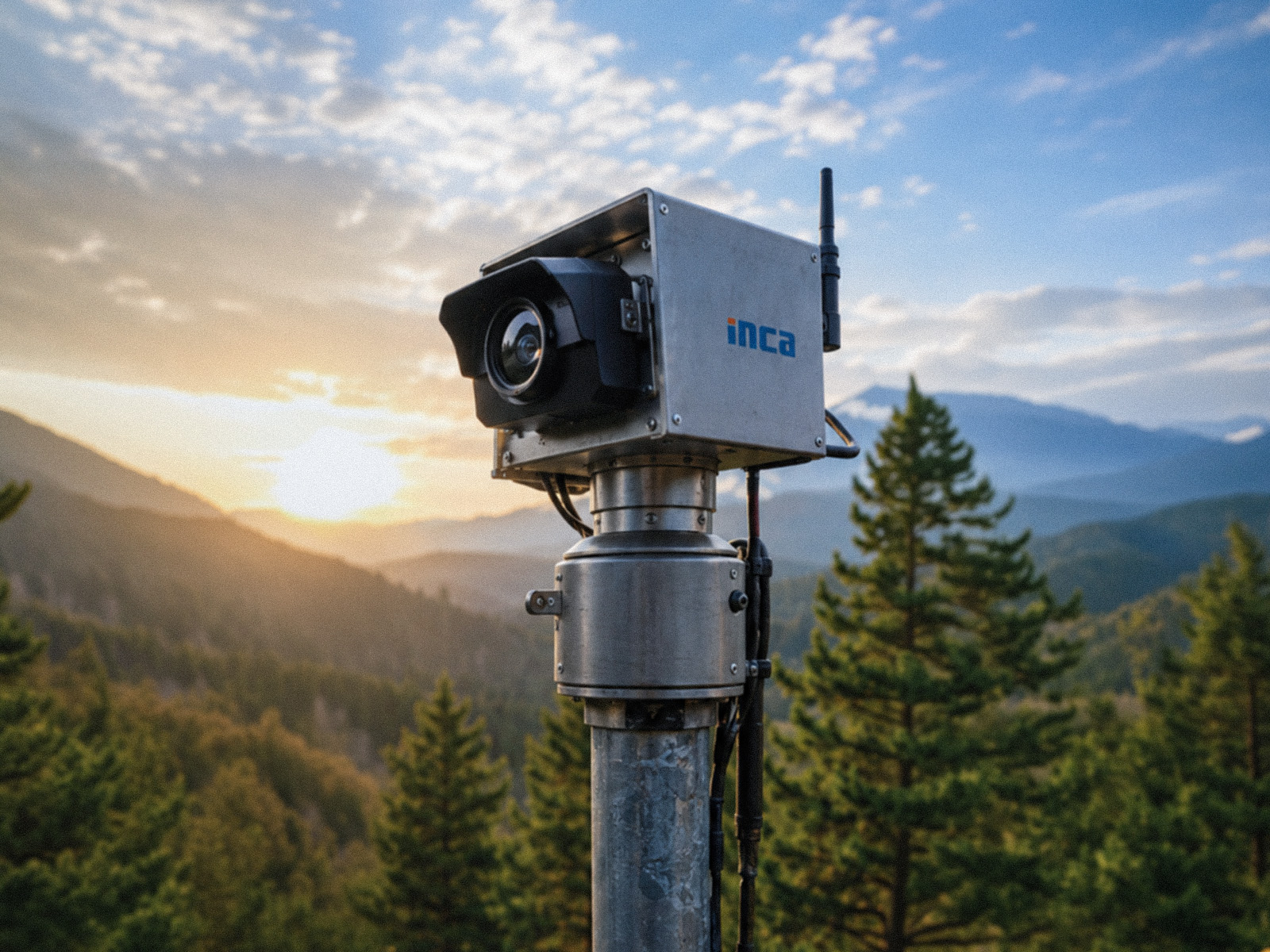 INCA Sentinel thermal detection unit on a steel mast above a forested mountain valley at sunrise.