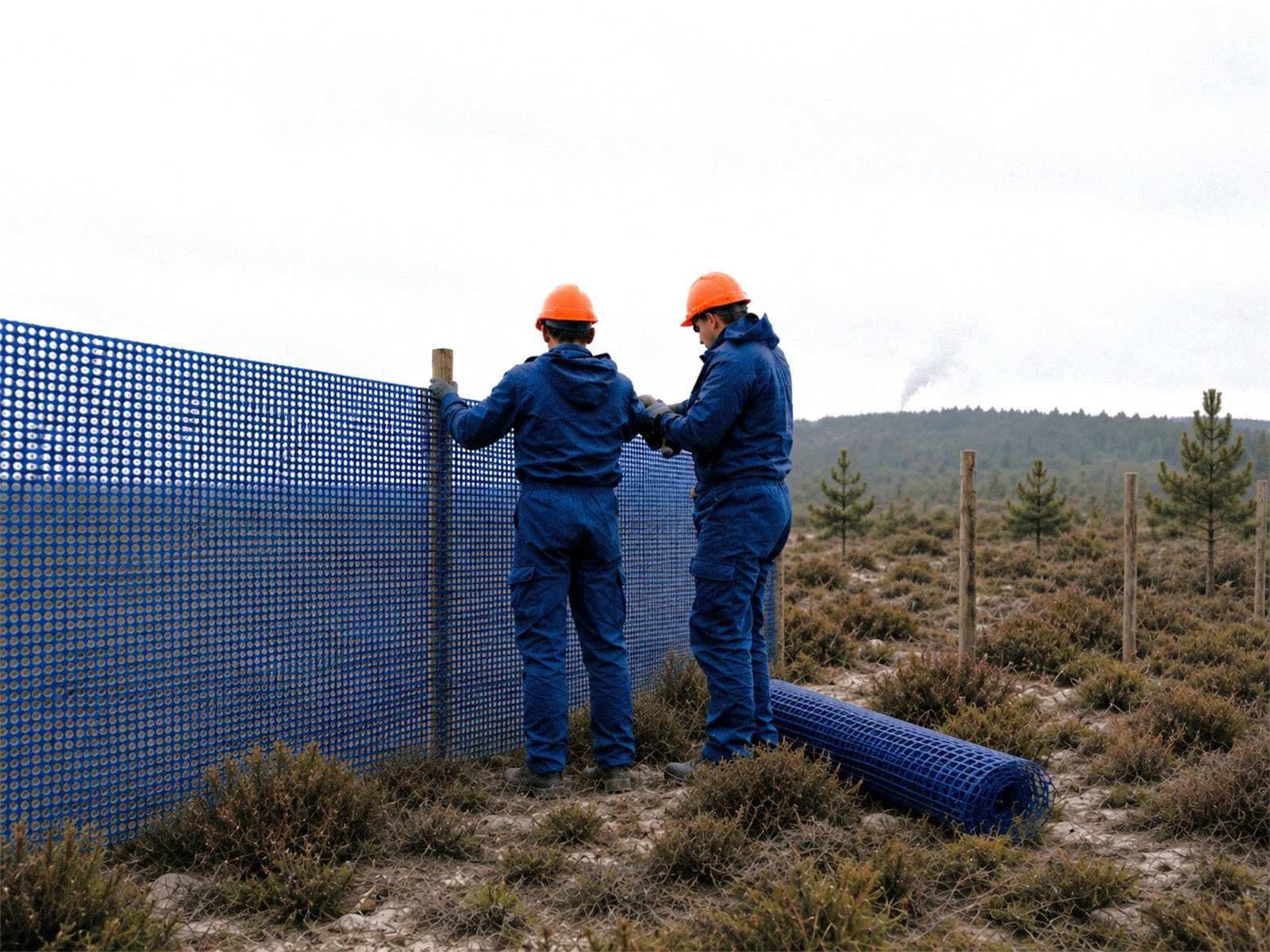 Two workers installing INCA WFS net along a boundary
