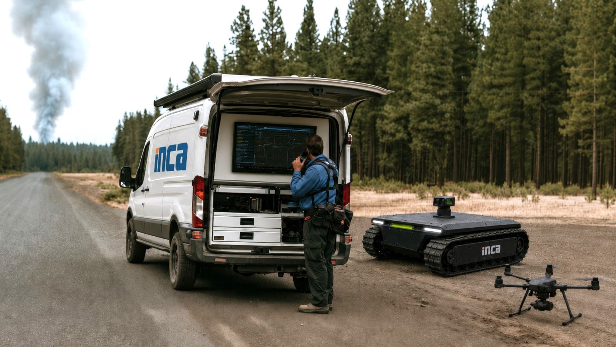 INCA field van with its command system open on a forest road, an operator reporting by radio beside a tracked rover and a drone on the ground, smoke rising in the distance