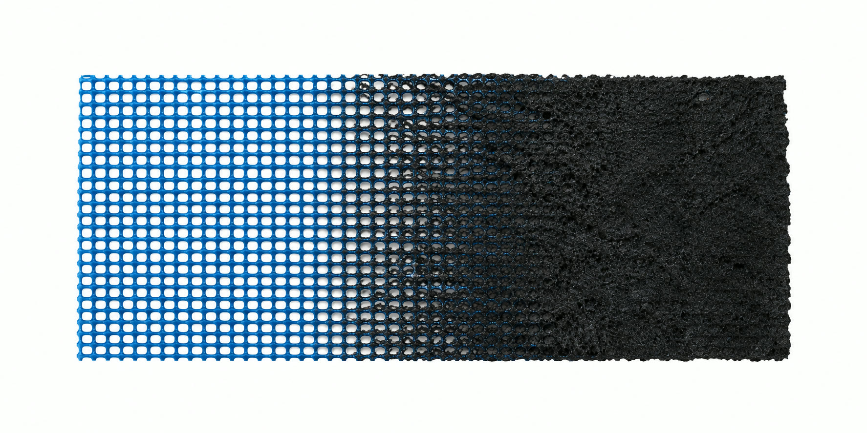INCA WFS net® before and after exposure to heat: the blue coated net on the left, the same net with its black fully expanded coating closing the structure on the right