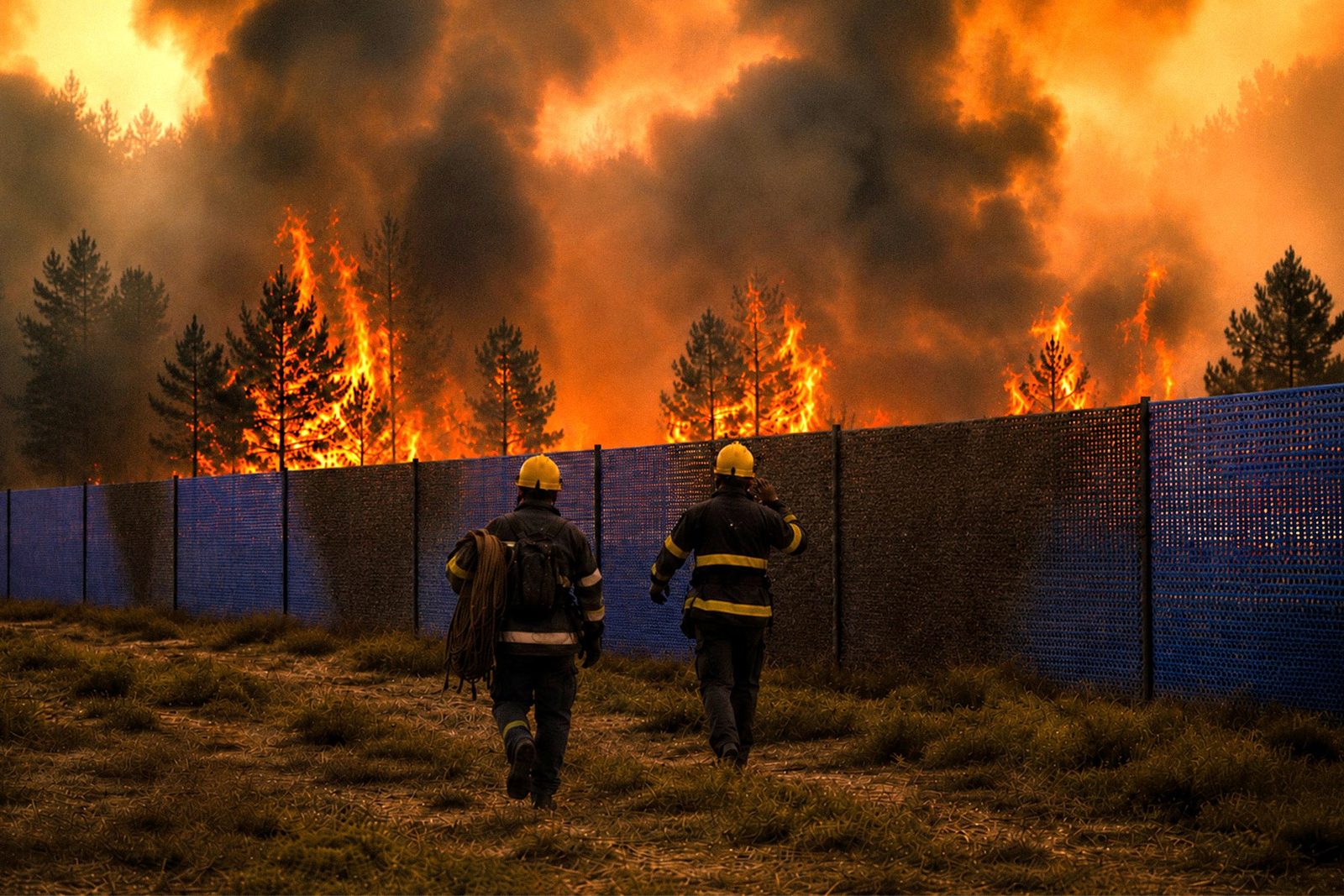 Two firefighters walking along the deployed INCA WFS net® barrier with the wildfire front behind it