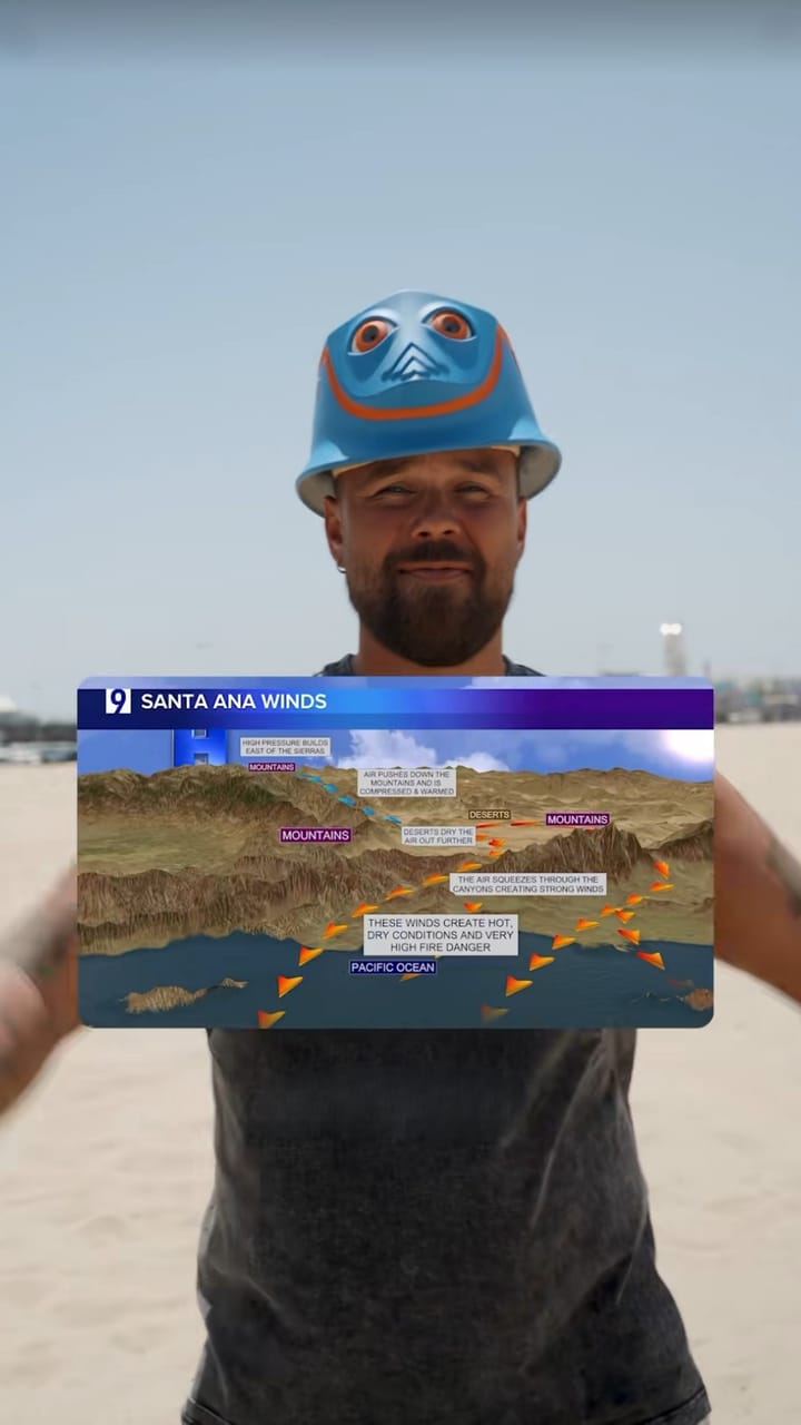 Presenter in a blue INCA helmet holding a weather map of the Santa Ana winds